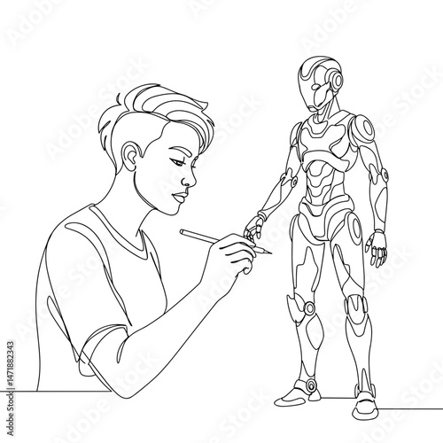 Artist designing a humanoid robot — one-line vector illustration for Expo 2025 innovation and creativity themes