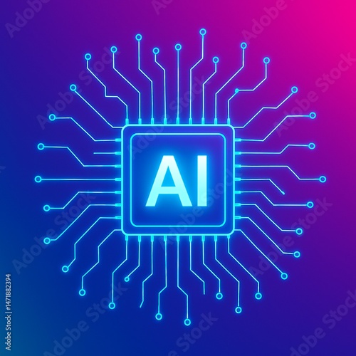 Futuristic AI Microchip with Glowing Neon Circuit on Gradient Background