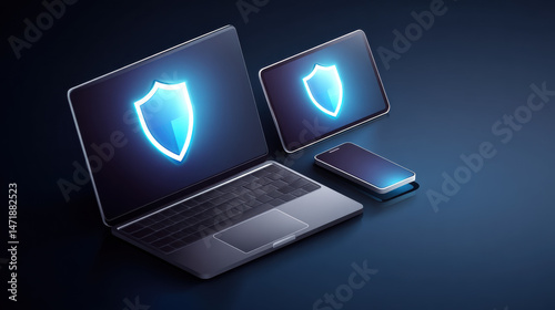 Secure endpoint security protecting devices accessing data, including laptop, tablet, and smartphone with glowing shield icons on screens, symbolizing digital protection and cybersecurity