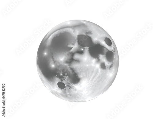 Detailed Full Moon with Craters on White Background