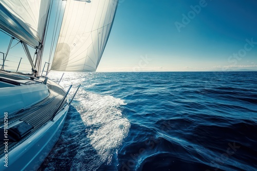 Sleek white sailboat glides across azure sea