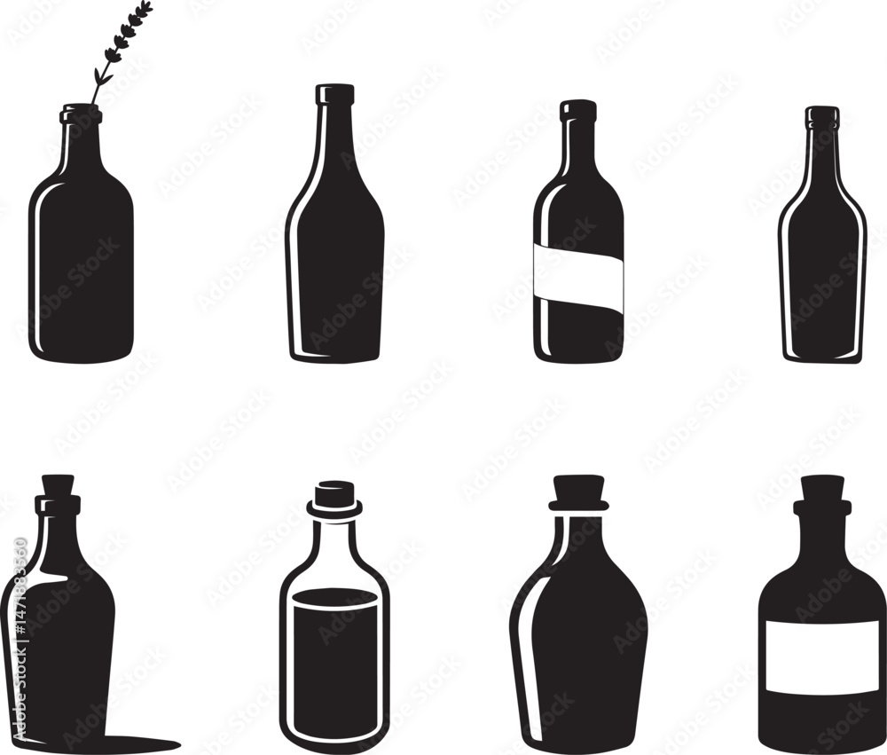 Collection of Silhouetted Bottles with Different Shapes and Labels Collection of Silhouetted Bottles with Different Shapes and Labels