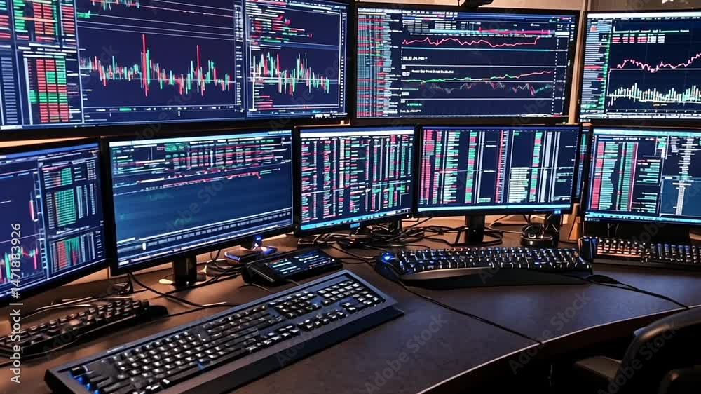 High-tech trading desk with multiple monitors displaying stock market data and graphs High-tech trading desk with multiple monitors displaying stock market data and graphs