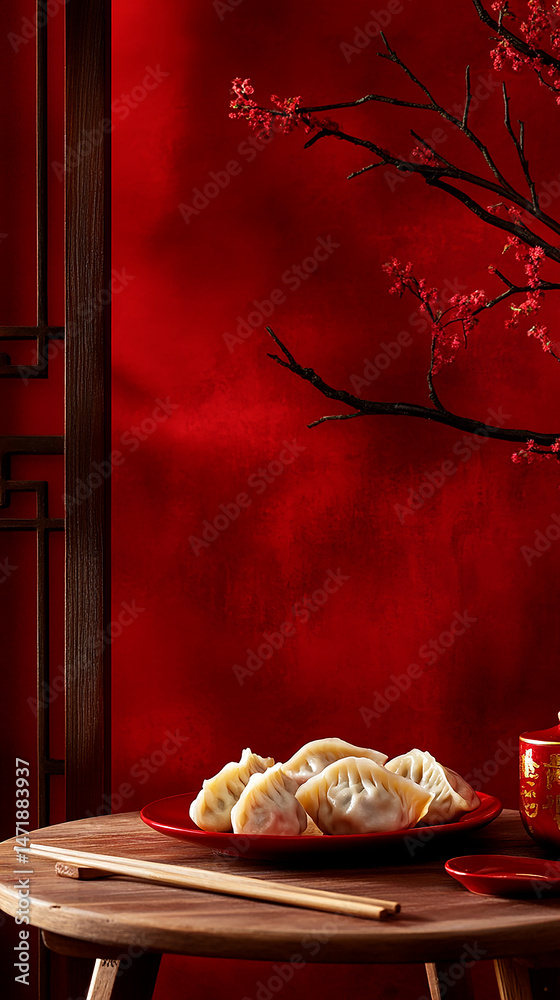 Obraz premium Traditional Chinese dumplings on wooden table in red festive setting with copy space