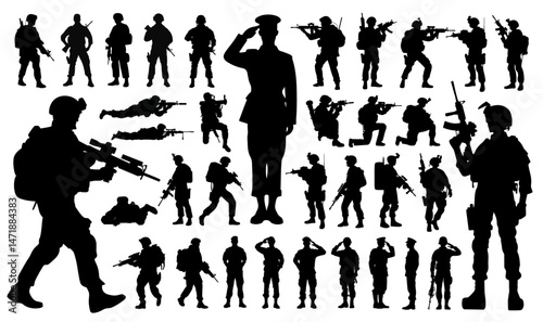 Silhouette of american sniper, usa soldier, army and veteran in action with gun rifle. Military man with weapon and salute soldier icon for memorial day, independence day or fourth of july background.