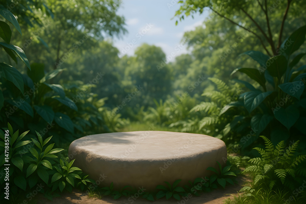 A circular stone amid lush green foliage. A circular stone amid lush green foliage.