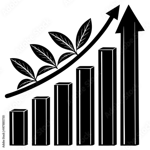 Black and white growth icon showing increasing bars and a plant growing upwards, ideal for business, finance, and personal development blogs and websites.

