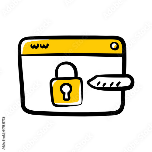 A doodle-style icon of a web browser with a padlock and key, signifying secure login or website access. Great for sites and blogs on online security, passwords, and data privacy.