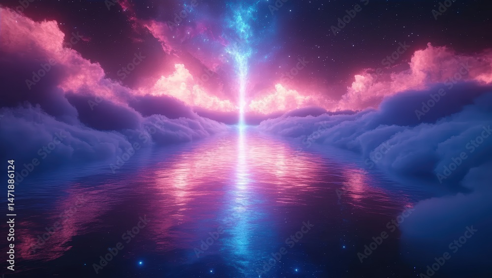 Obraz premium Glowing Beam in the Sky Over Water