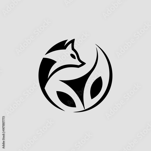 Modern, clever black fox logo in a stylized circular design on a light gray background. For branding, tech companies, or creative services.