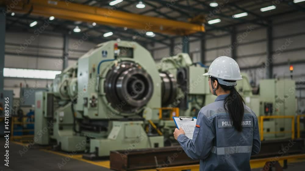 Female Engineer in Grey Safety Uniform Overseeing Machinery Operations in an Industrial Manufacturing Facility with Advanced Equipment Female Engineer in Grey Safety Uniform Overseeing Machinery Operations in an Industrial Manufacturing Facility with Advanced Equipment