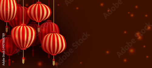 Chinese lanterns glowing on dark background. Traditional red abd gold Chinese lanterns hanging with soft lights. New Year poster vector background design. The concept of asian festive atmosphere