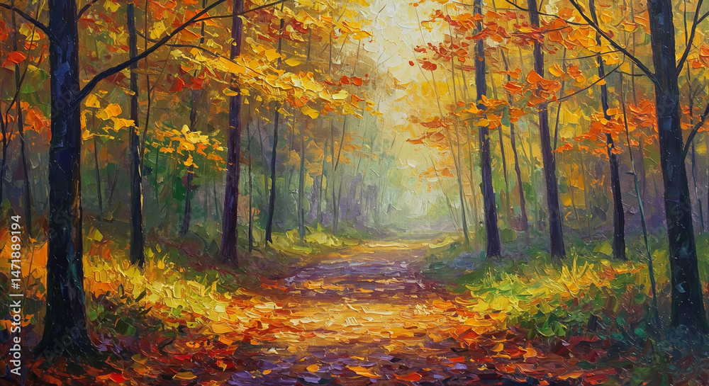 Obraz premium landscape, forest path in autumn with falling leaves, filtered sunlight through golden foliage