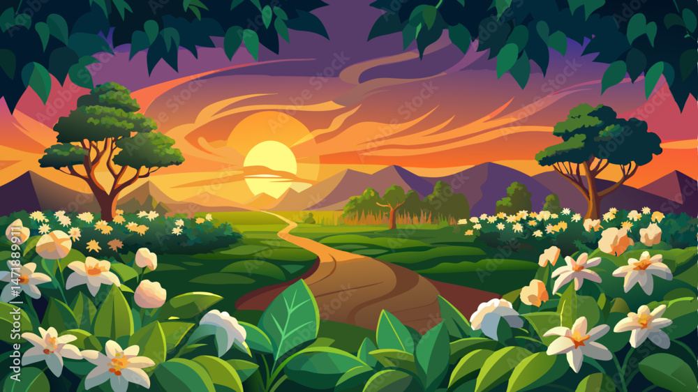 Obraz premium Sunset over a vibrant field of jasmine flowers with a backdrop of dark green trees in a tranquil outdoor setting Very beautiful