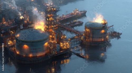 Nighttime Aerial View of an Oil Refinery with Flare Stacks Burning