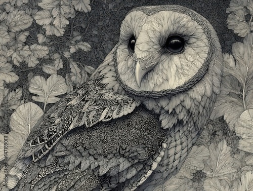 Detailed pencil sketch of an owl amongst foliage.