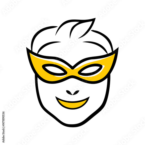 Stylized icon of a masked person with spiky yellow hair and a yellow domino mask, on a white background. For superhero, villain, or gaming character themes.