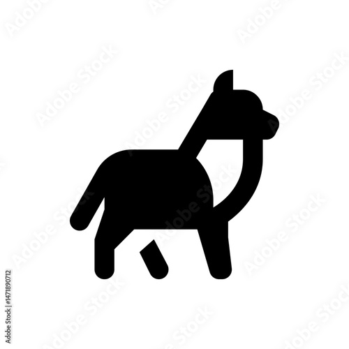 Silhouette of a llama with a curved neck and short tail standing on four legs in a simple black design
