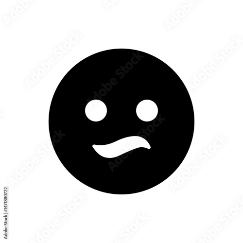 A black circular face with two white circular eyes and a white curved mouth expressing skepticism mood