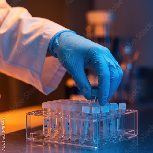 Scientist's Hand in Blue Glove Handling Test Tubes in Lab; Medical Research, Science Experiment, Laboratory Analysis