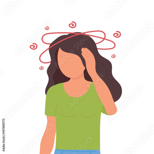 Woman with headache and dizziness. Sick female character feeling vertigo. Flat cartoon style vector illustration. Isolated on white background for medical or health concepts.