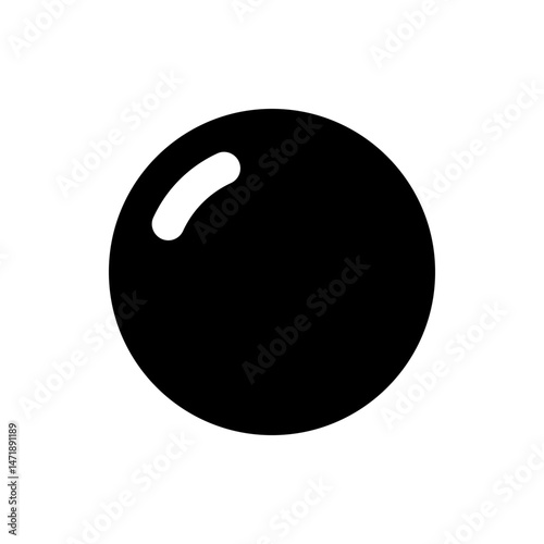 A black sphere with a white highlight on the upper left side creating a simple graphic representation of a ball