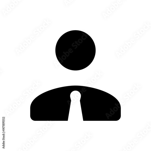 Silhouette of a person with a round head and wide shoulders with a tie like shape in the center