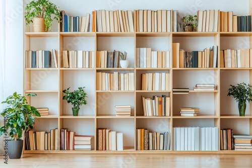 Organized bookshelves filled with various books and potted plants
