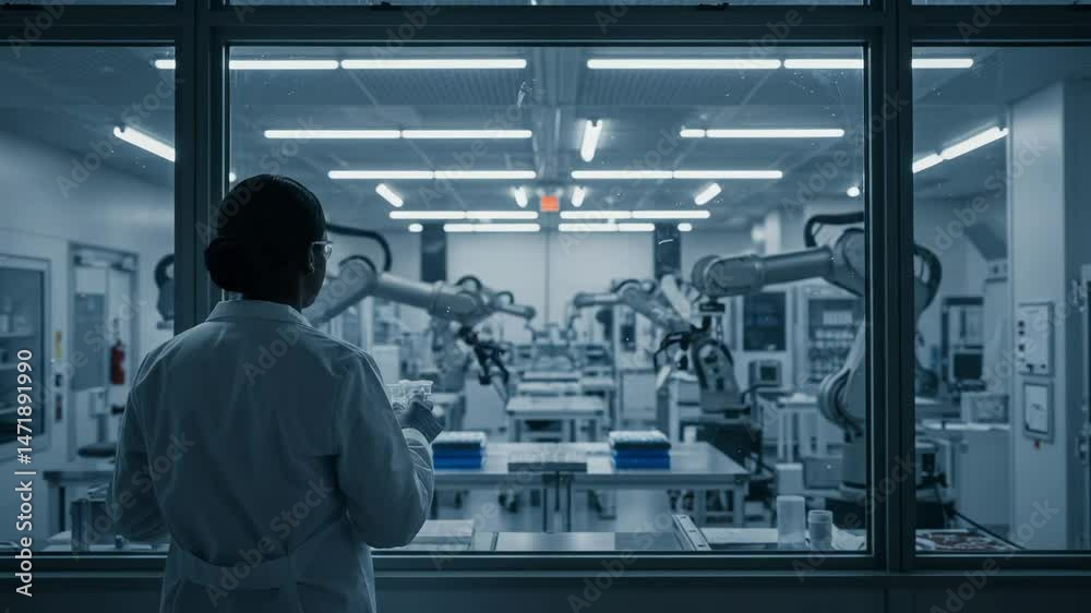 Female Scientist Observing Robotic Automation in a High-Tech Laboratory Setting: A Glimpse into the Future of Research and Innovation Female Scientist Observing Robotic Automation in a High-Tech Laboratory Setting: A Glimpse into the Future of Research and Innovation