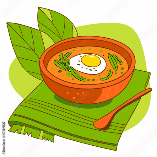 Single Bowl of Soup with Poached Egg on Green Background  