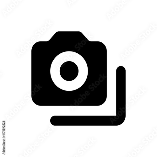 Camera icon with a white lens and a black body placed over a rectangular shape in a simple design style