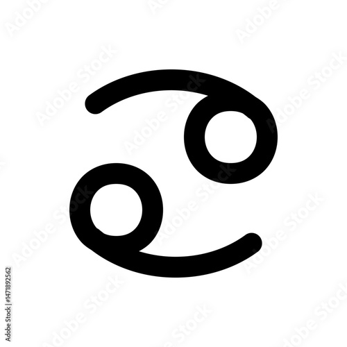 Illustration of the cancer zodiac sign featuring two curved shapes with circles in black color on white background