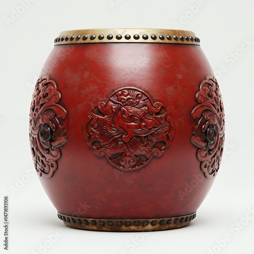 Antique Red Lacquer Drum with Brass Accents and Intricate Carvings