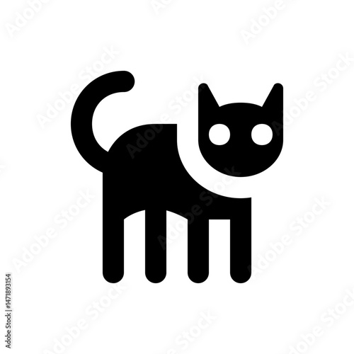 Illustration of a stylized black cat with a white collar and a curled tail standing upright nicely