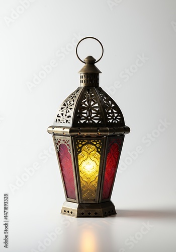 An antique metal oil lamp and an old glass lantern, isolated on white, offer a vintage light