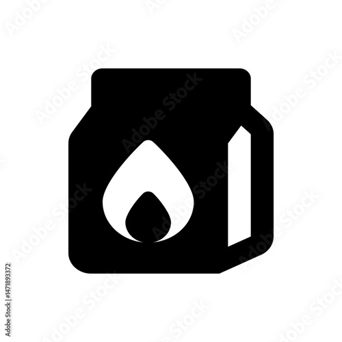 Illustration of a black charcoal briquettes bag with a white flame and a white rectangular prism