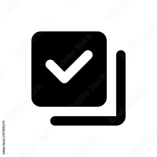 Black square with rounded corners containing a white check mark and a partial frame to the right