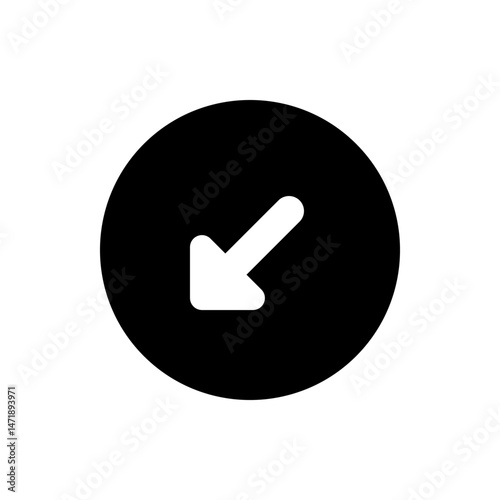 White arrow pointing down left direction inside a black circle shape on a white background image view here
