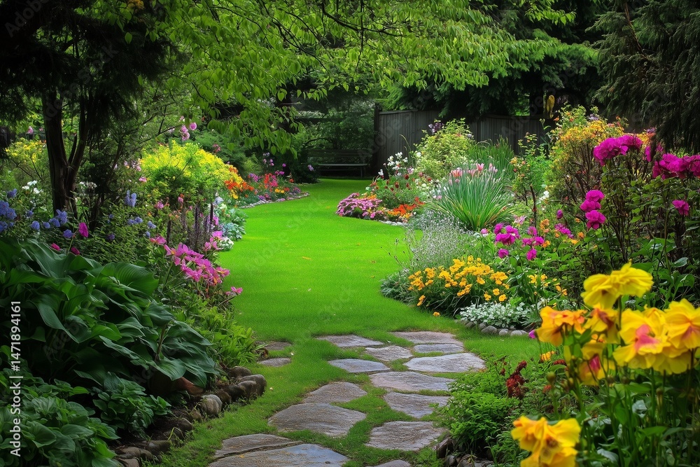 Fototapeta premium Flower Garden Pathway with Vibrant Blooms