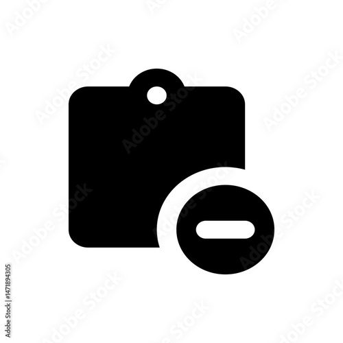 Black tag with a hole on top and a minus sign inside a circle on the right side of the tag icon object