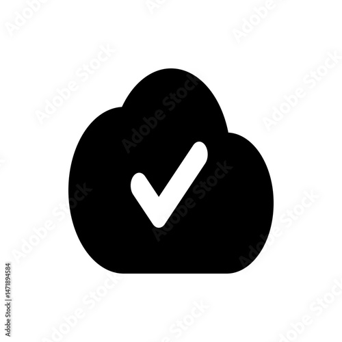 Black cloud with a white check mark inside representing cloud computing and data verification online service