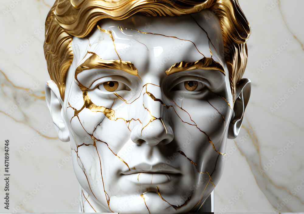 Marble bust of a man with gold repairs on cracks, representing beauty in imperfection on a marble background