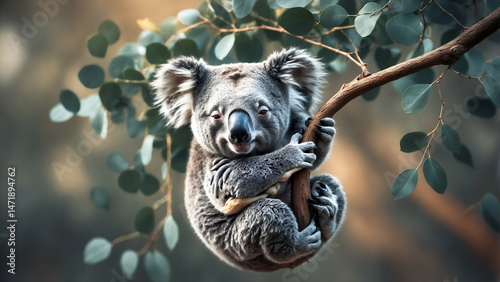  Adorable koala hanging from a eucalyptus tree with a sleepy expression