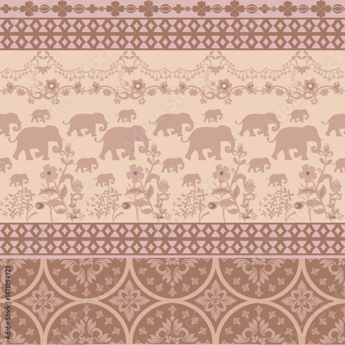 seamless pattern with elephants on mocha mousse background.
