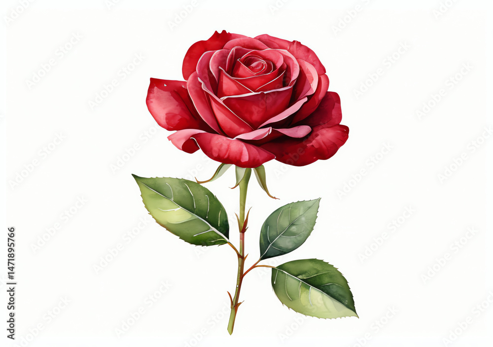 Elegant red rose with green leaves against a white background capturing the beauty and delicacy of a classic flower