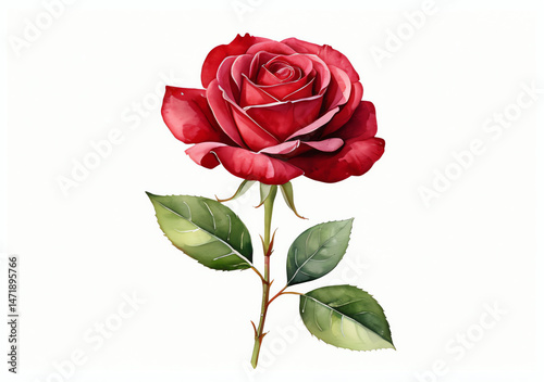 Obraz na płótnie Elegant red rose with green leaves against a white background capturing the beauty and delicacy of a classic flower w salonie