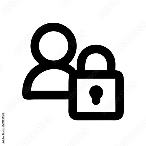 Minimalist black line icon of a user profile with a separate, slightly overlapping padlock, on a white background. For account security or privacy interfaces.