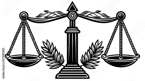 Ornate black and white icon of balanced scales of justice with laurel wreaths, on a white background. For legal institutions, law publications, or formal justice themes.