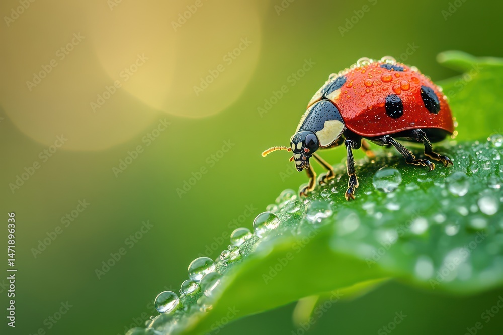 Fototapeta premium Ladybug on Dew-Covered Green Leaf in Nature Macro