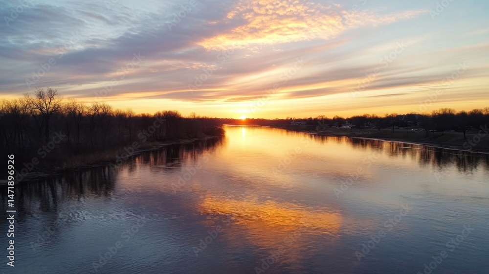 Fototapeta premium Serene sunrise over a calm river, reflecting the vibrant orange and pink hues of the dawn sky. Bare trees line the banks, creating a peaceful winter landscape. : Generative AI